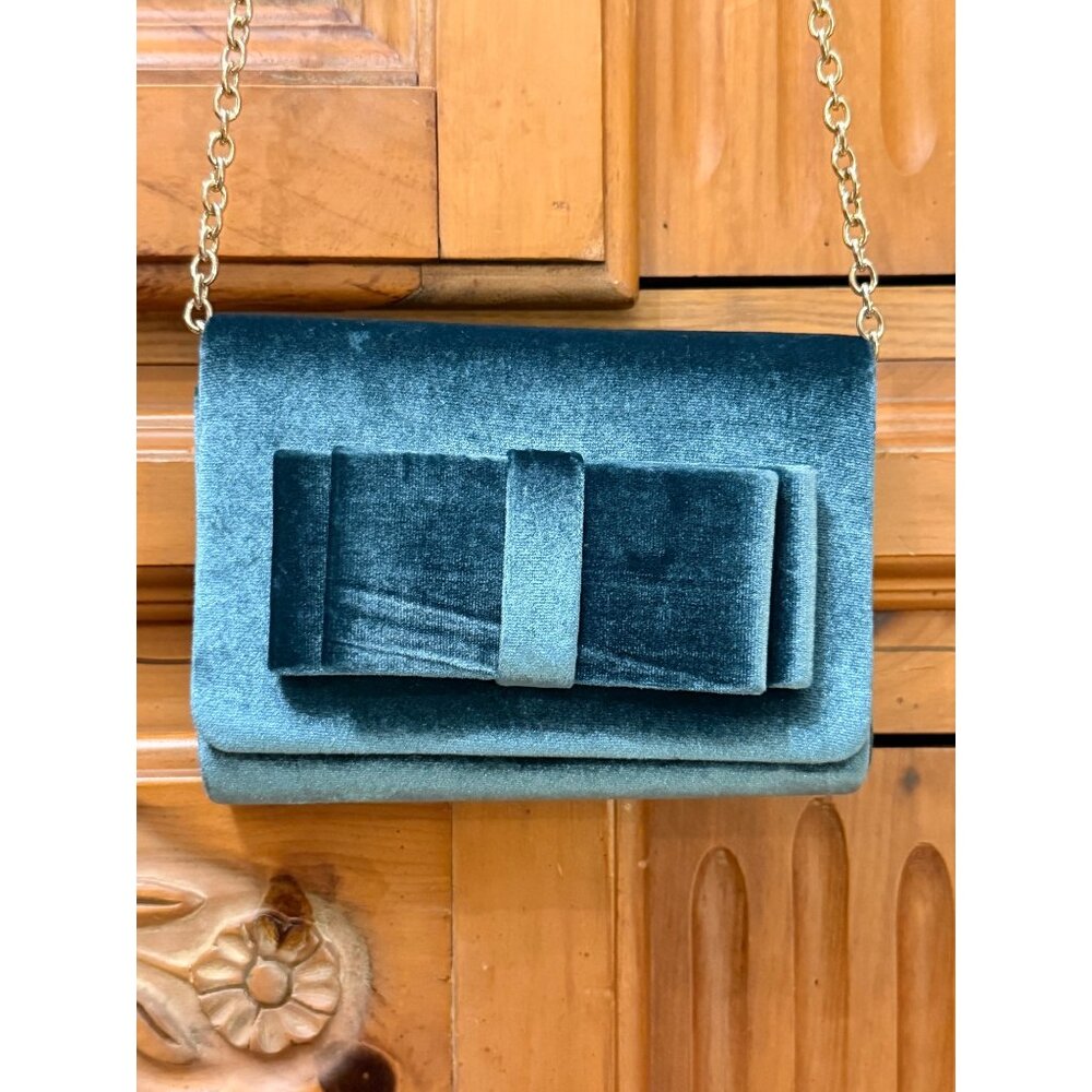 The Limited Blue Teal Velvet Bow Shoulder Purse Bag Dress Party Gold Chain Strap
